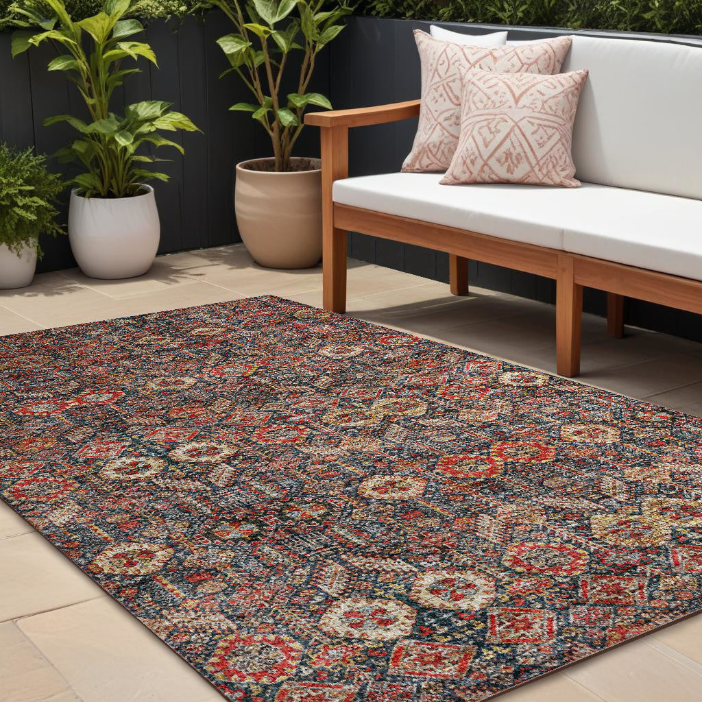 9 X 12 Red and Dark Blue Floral Washable Non Skid Indoor Outdoor Area Rug