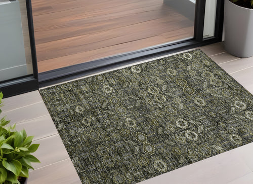 2 X 3 Moss Green and Gray Floral Washable Non Skid Indoor Outdoor Area Rug