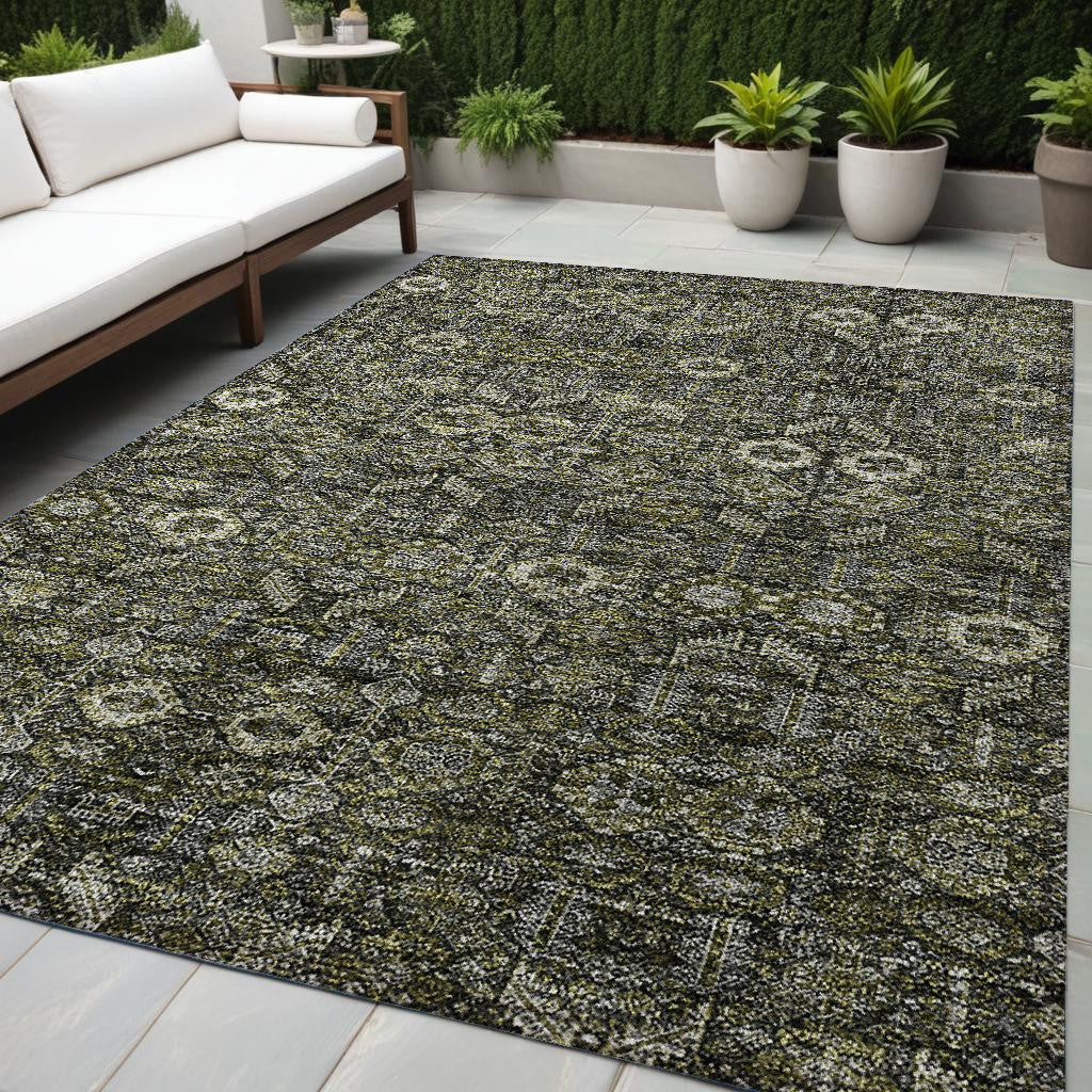 5 X 8 Moss Green and Gray Floral Washable Non Skid Indoor Outdoor Area Rug