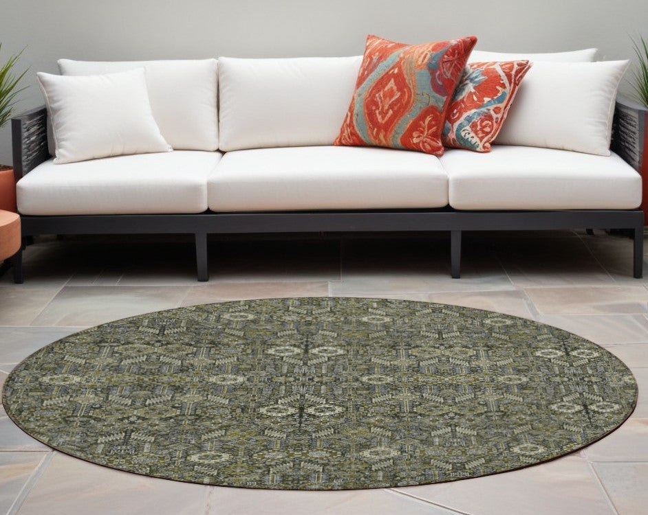 8 Round Moss Green and Gray Round Floral Washable Non Skid Indoor Outdoor Area Rug