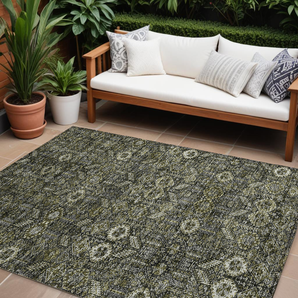 10 X 14 Moss Green and Gray Floral Washable Non Skid Indoor Outdoor Area Rug
