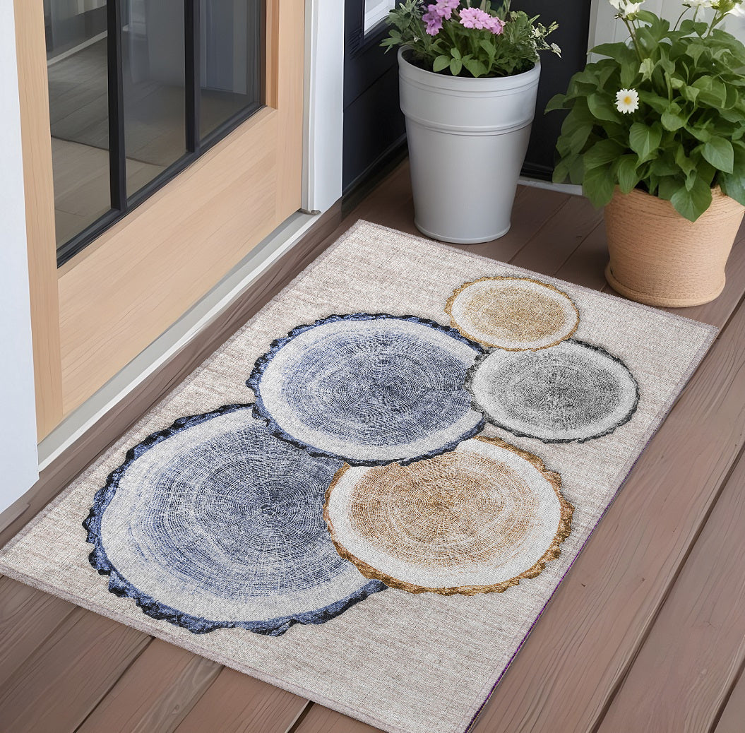 2 X 3 Beige Blue and Gold Faux Bois Washable Non Skid Indoor Outdoor Area Rug
