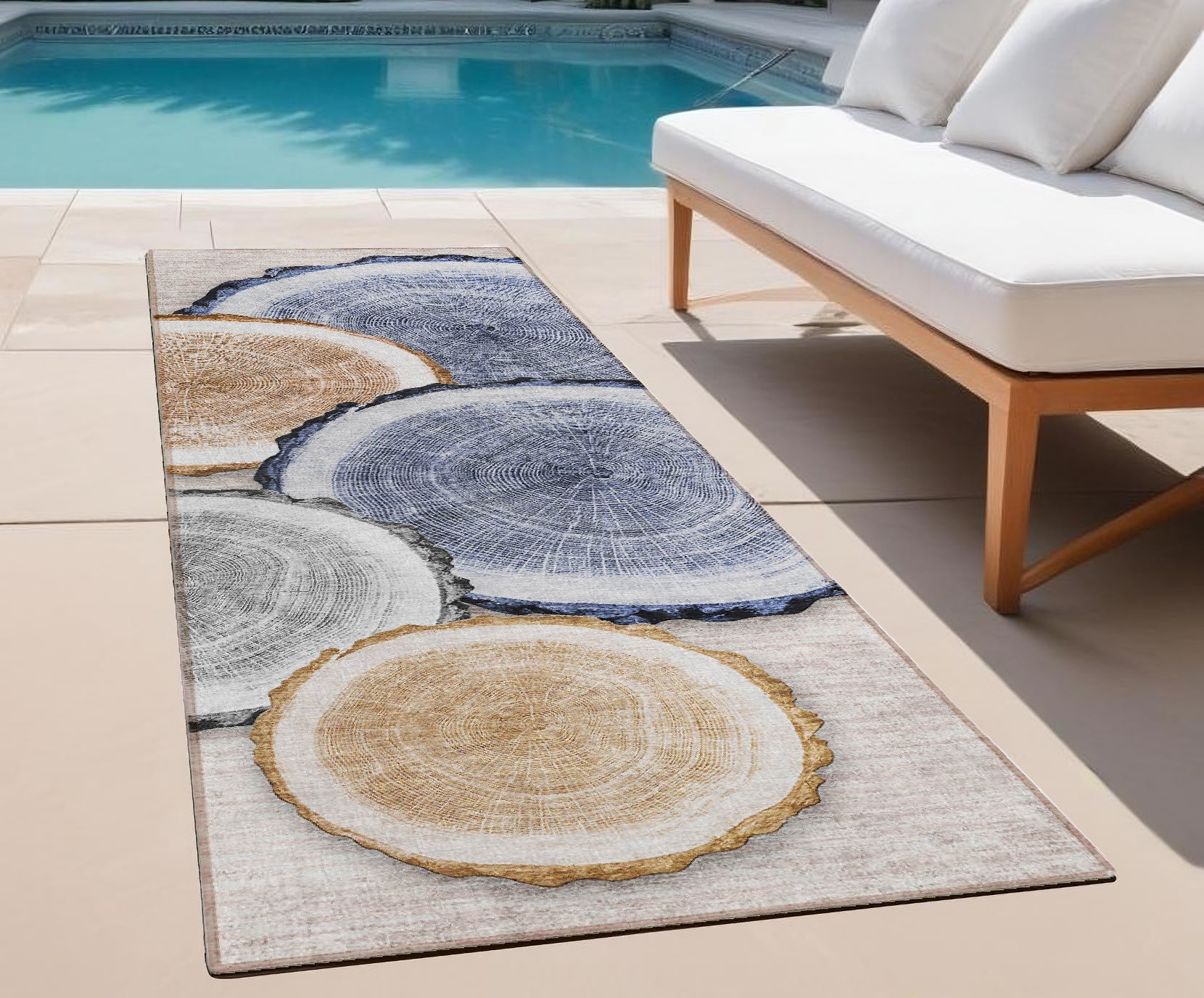 8 Runner Beige Blue and Gold Faux Bois Washable Non Skid Indoor Outdoor Runner Rug