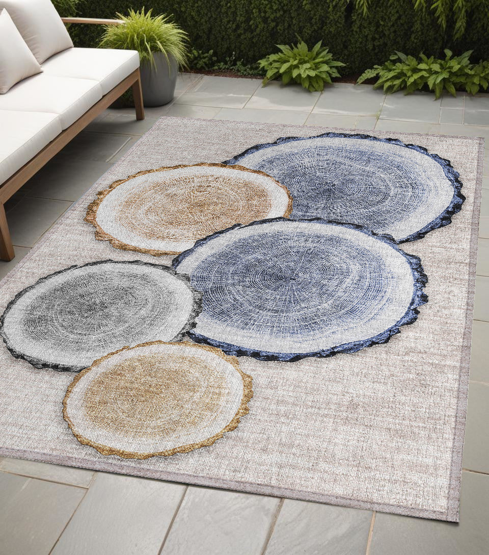 5 X 8 Beige Blue and Gold Faux Bois Washable Non Skid Indoor Outdoor Area Rug