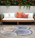 8 Round Beige Blue and Gold Round Faux Bois Washable Non Skid Indoor Outdoor Area Rug