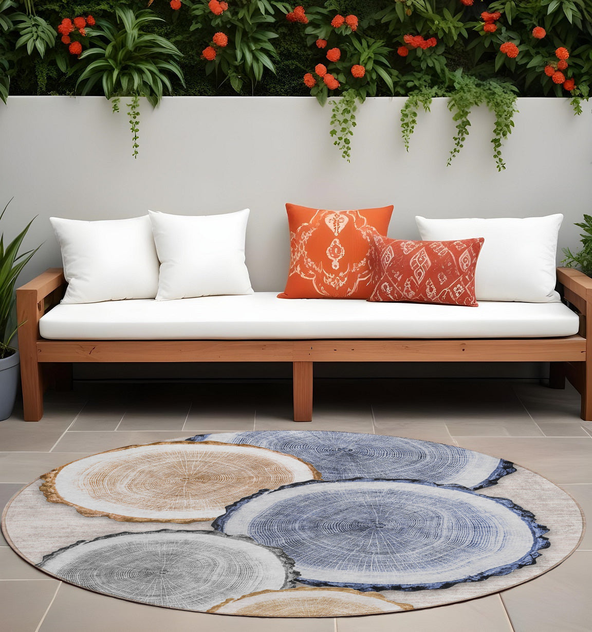 8 Round Beige Blue and Gold Round Faux Bois Washable Non Skid Indoor Outdoor Area Rug