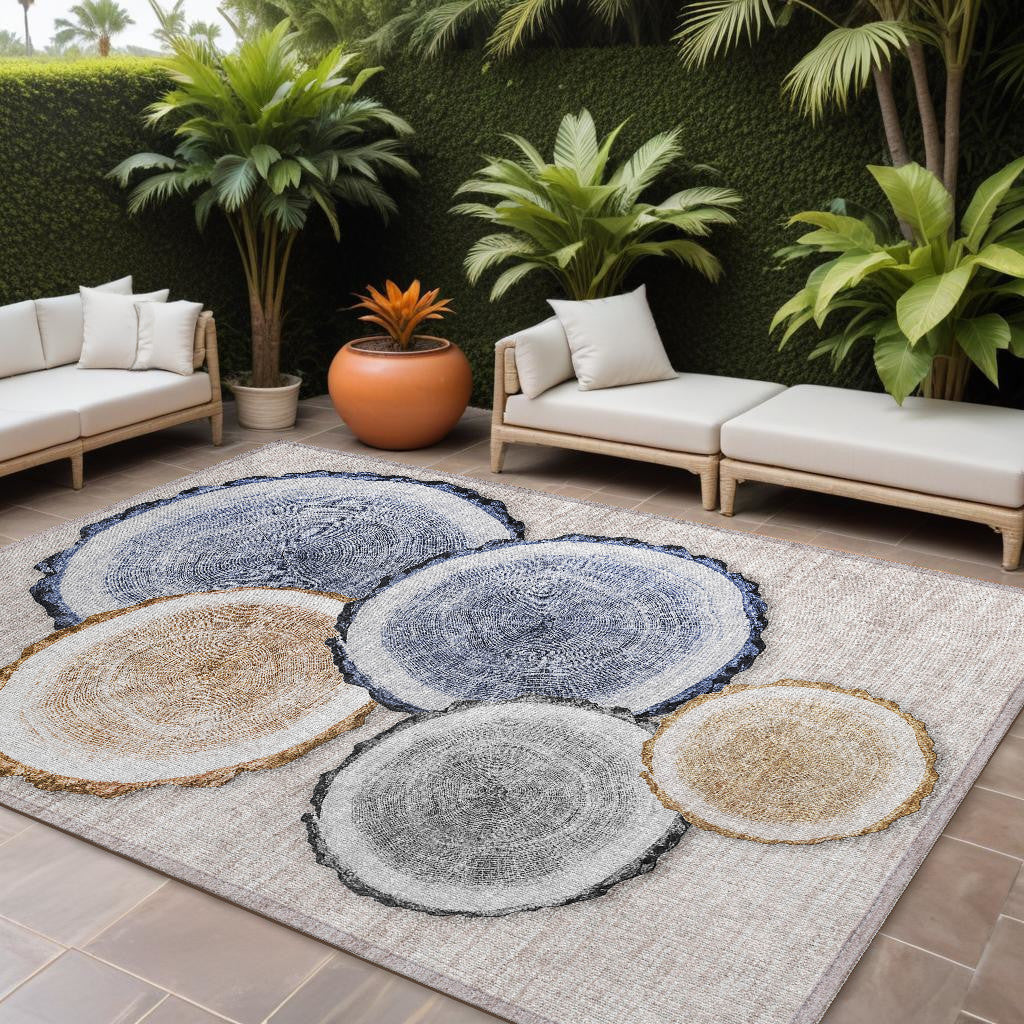 9 X 12 Beige Blue and Gold Faux Bois Washable Non Skid Indoor Outdoor Area Rug