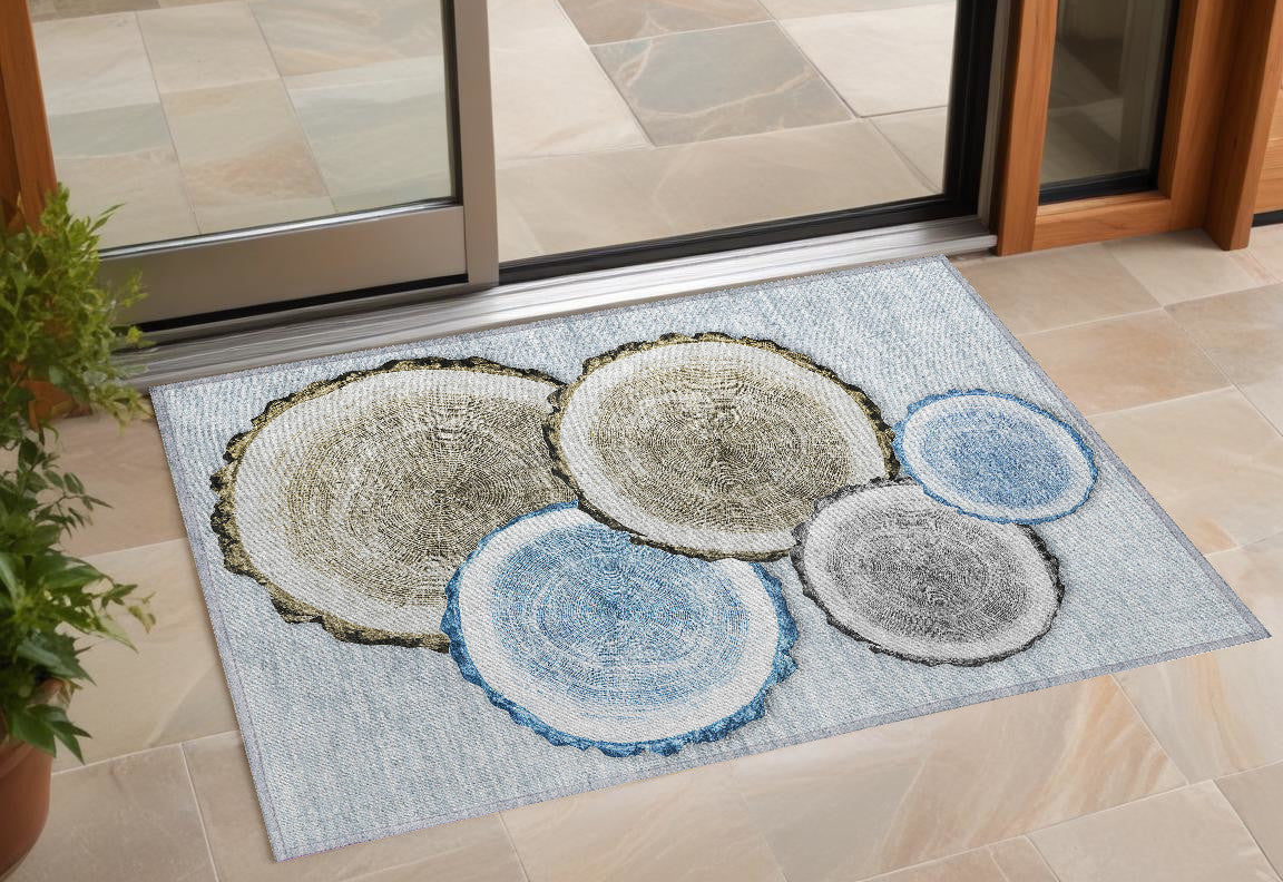 3 X 5 Blue Gold and Gray Faux Bois Washable Non Skid Indoor Outdoor Area Rug