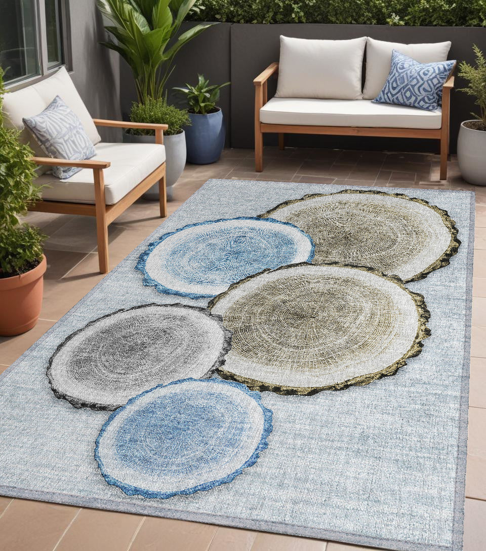 5 X 8 Blue Gold and Gray Faux Bois Washable Non Skid Indoor Outdoor Area Rug