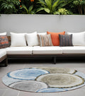 8 Round Blue Gold and Gray Round Faux Bois Washable Non Skid Indoor Outdoor Area Rug