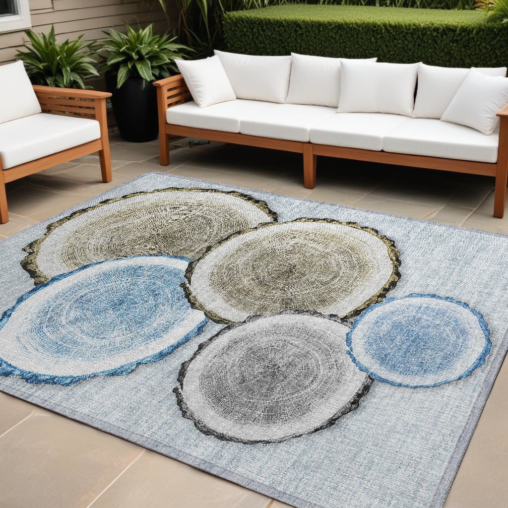 8 X 10 Blue Gold and Gray Faux Bois Washable Non Skid Indoor Outdoor Area Rug