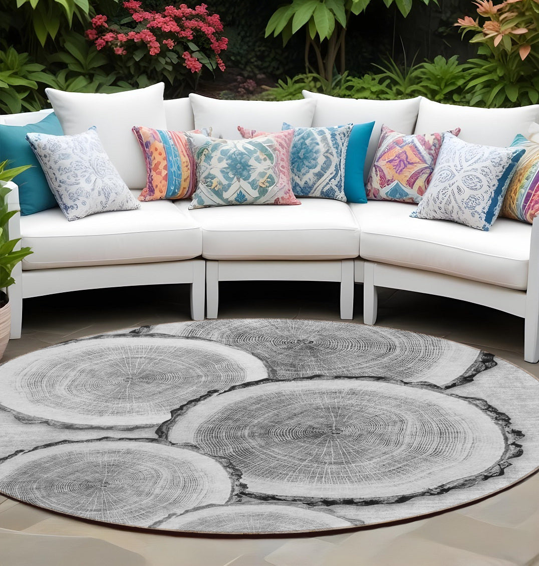 8 Round Gray and Black Round Faux Bois Washable Non Skid Indoor Outdoor Area Rug