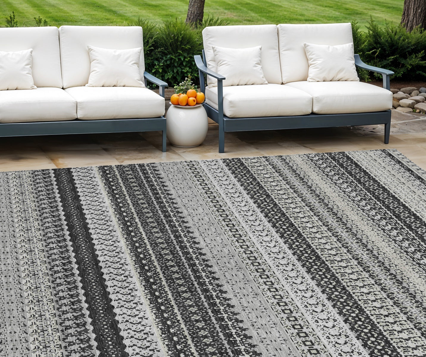 8 X 10 Black Striped Washable Indoor Outdoor Area Rug