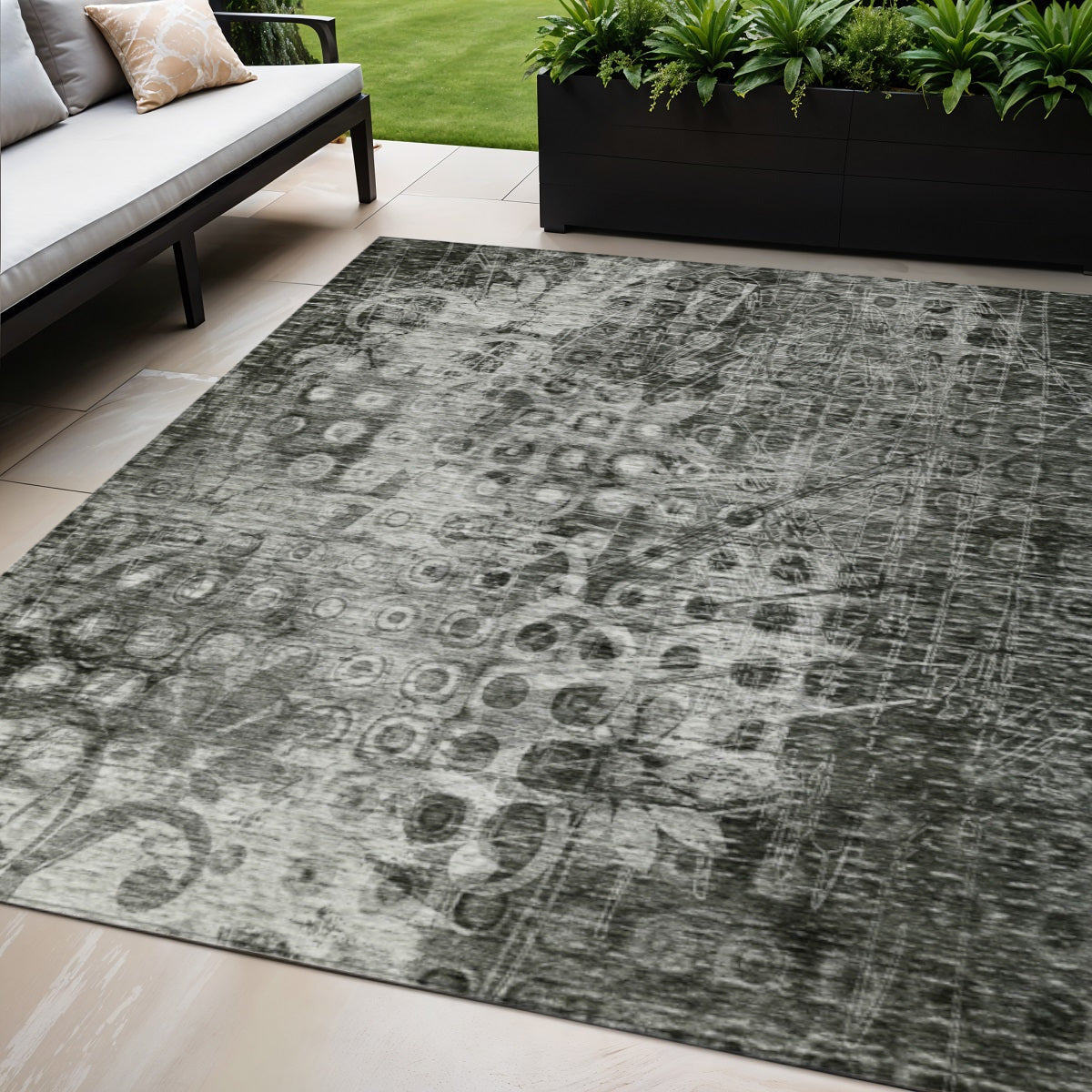 5 X 8 Charcoal Ikat Washable Indoor Outdoor Area Rug