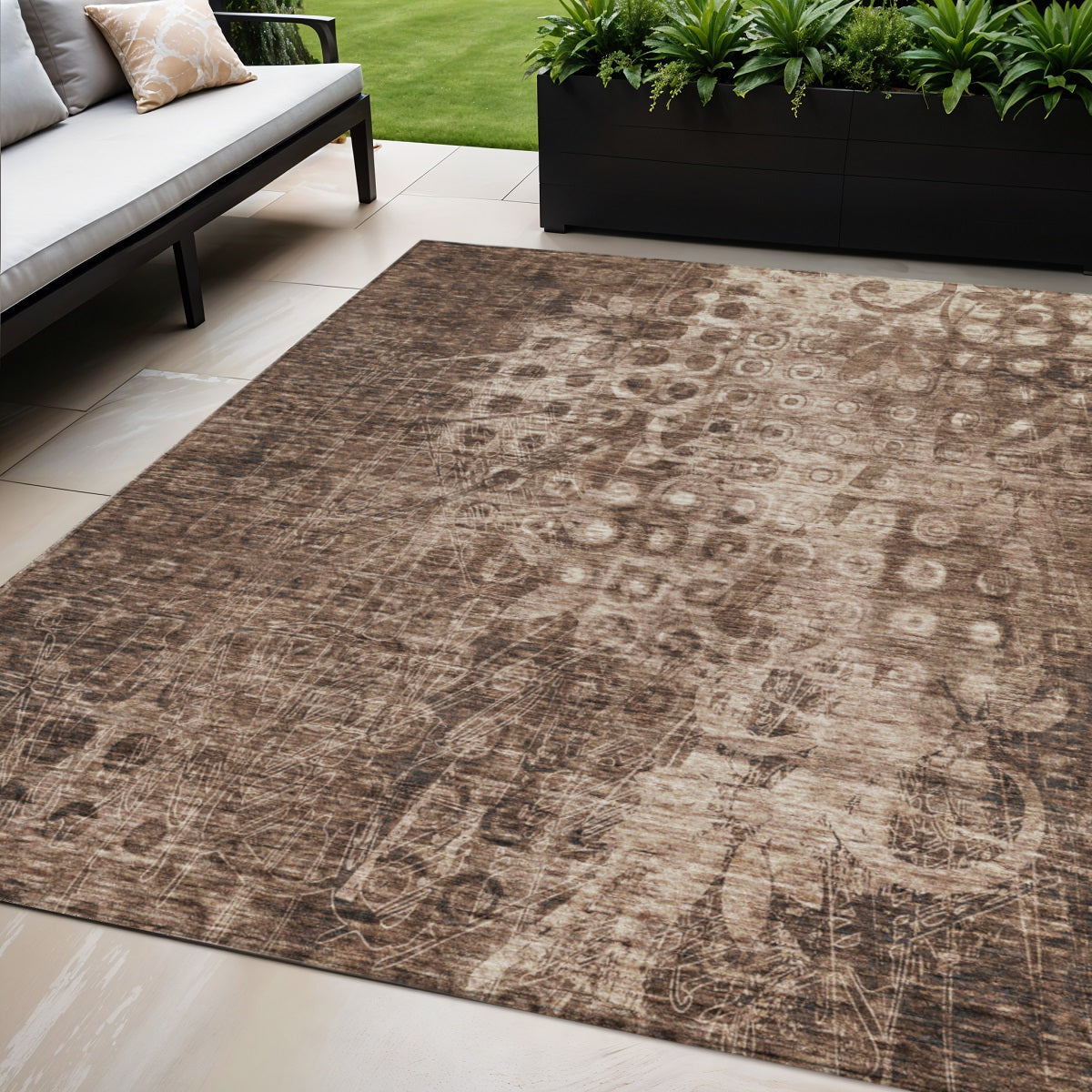 5 X 8 Chocolate Ikat Washable Indoor Outdoor Area Rug