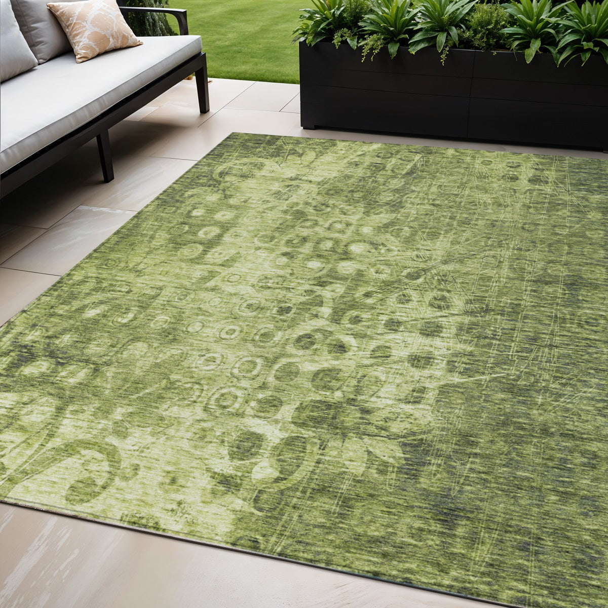 5 X 8 Olive Green Ikat Washable Indoor Outdoor Area Rug
