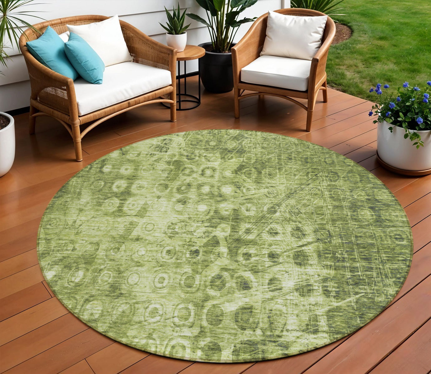 8 Olive Green Round Ikat Washable Indoor Outdoor Area Rug