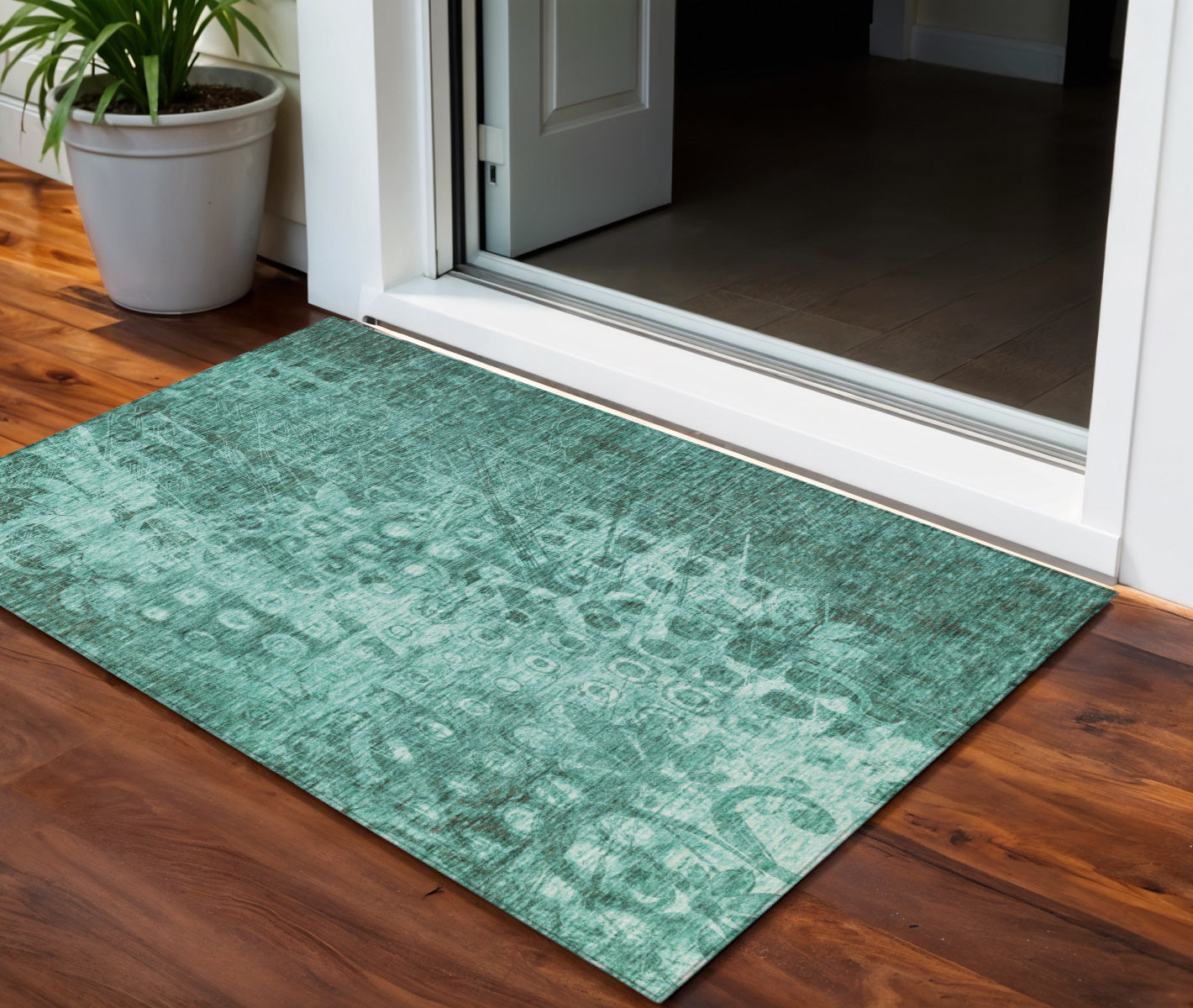 3 X 5 Teal Blue Ikat Washable Indoor Outdoor Area Rug