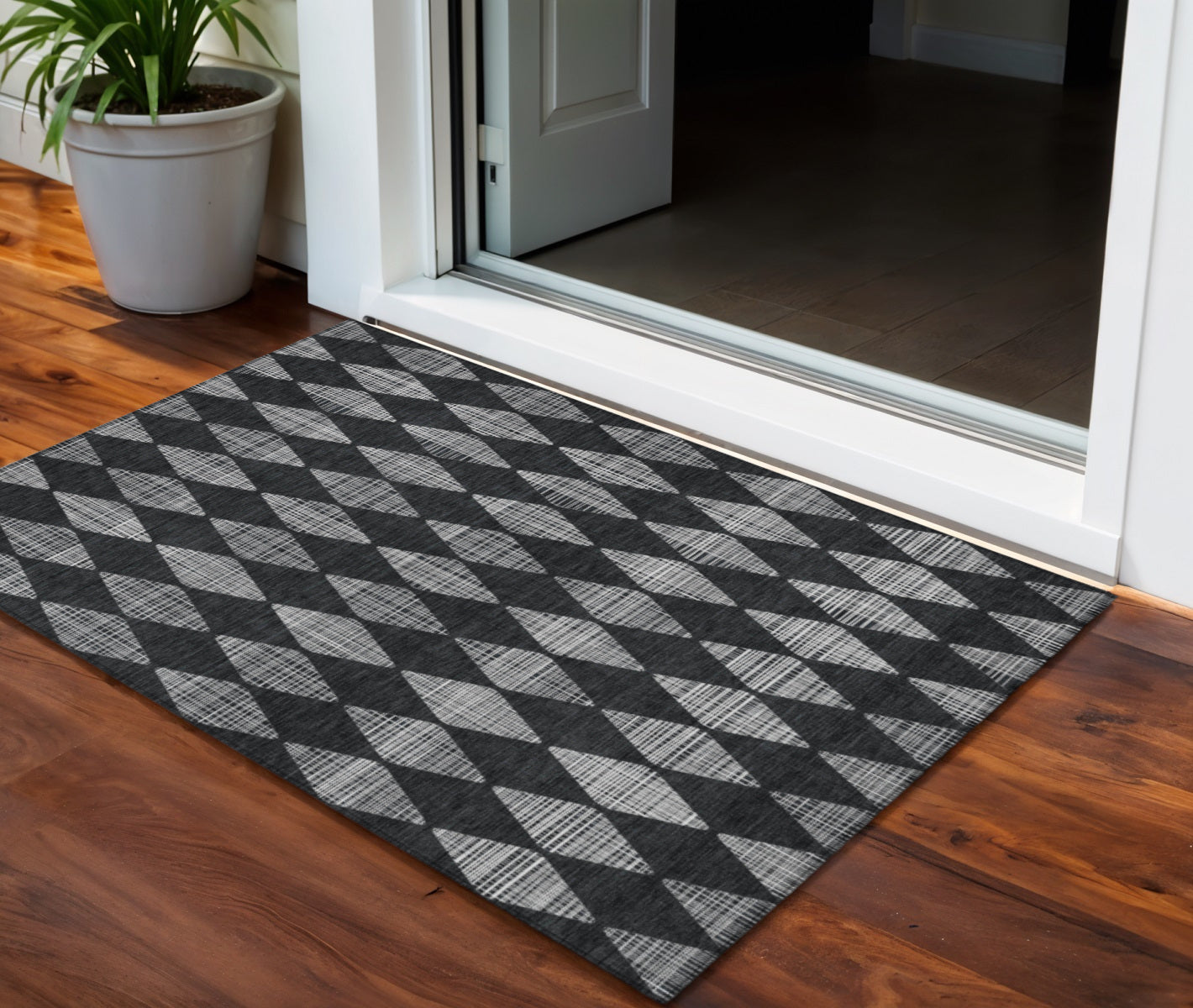 3 X 5 Charcoal Geometric Washable Indoor Outdoor Area Rug