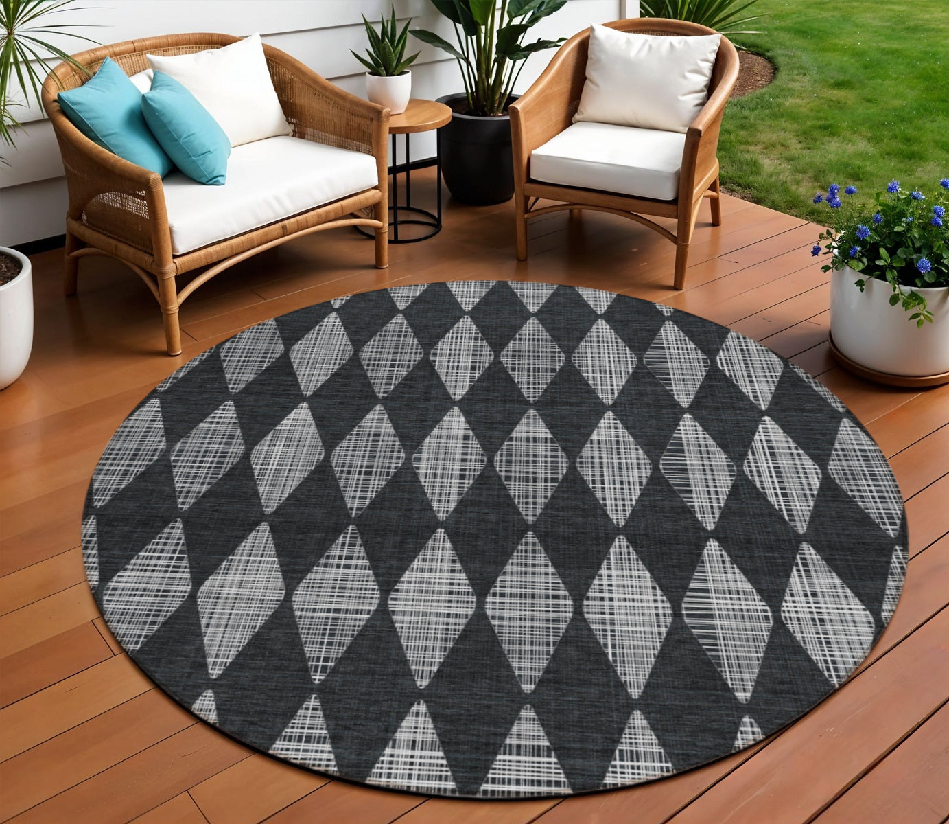 8 Charcoal Round Geometric Washable Indoor Outdoor Area Rug
