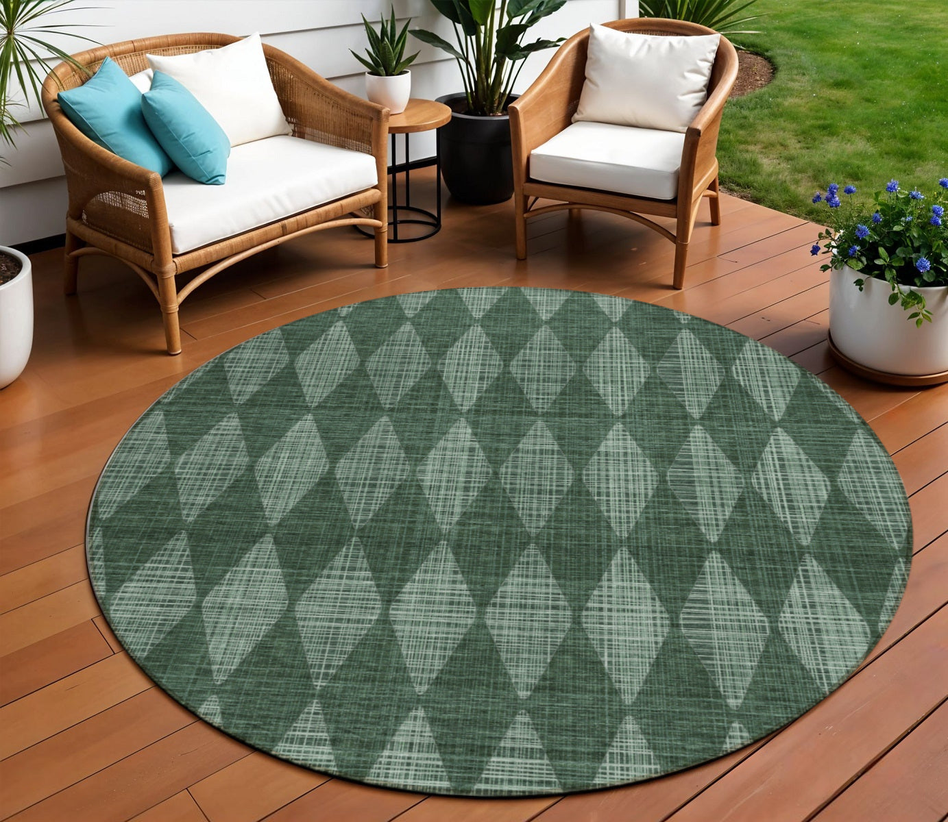 8 Olive Green And Charcoal Round Geometric Washable Indoor Outdoor Area Rug