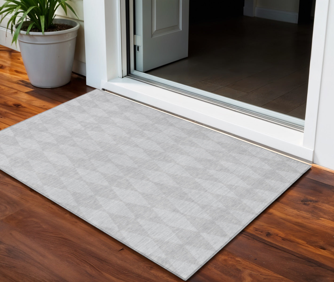 3 X 5 Pewter And Silver Geometric Washable Indoor Outdoor Area Rug