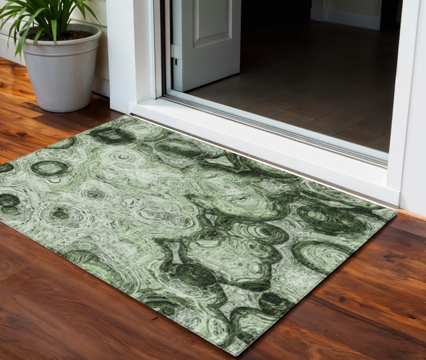 3 X 5 Artichoke Green And Emerald Abstract Washable Indoor Outdoor Area Rug