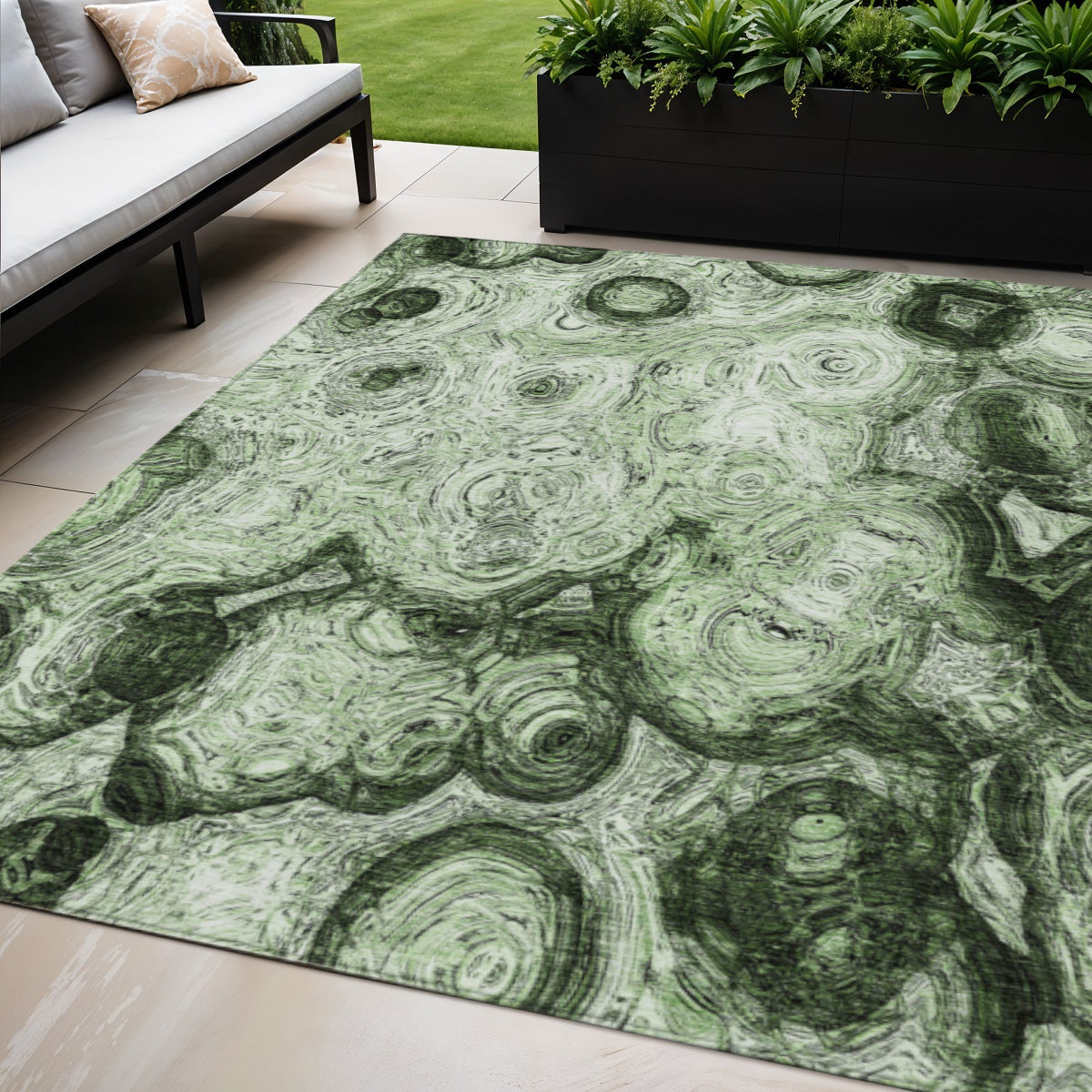 5 X 8 Artichoke Green And Emerald Abstract Washable Indoor Outdoor Area Rug
