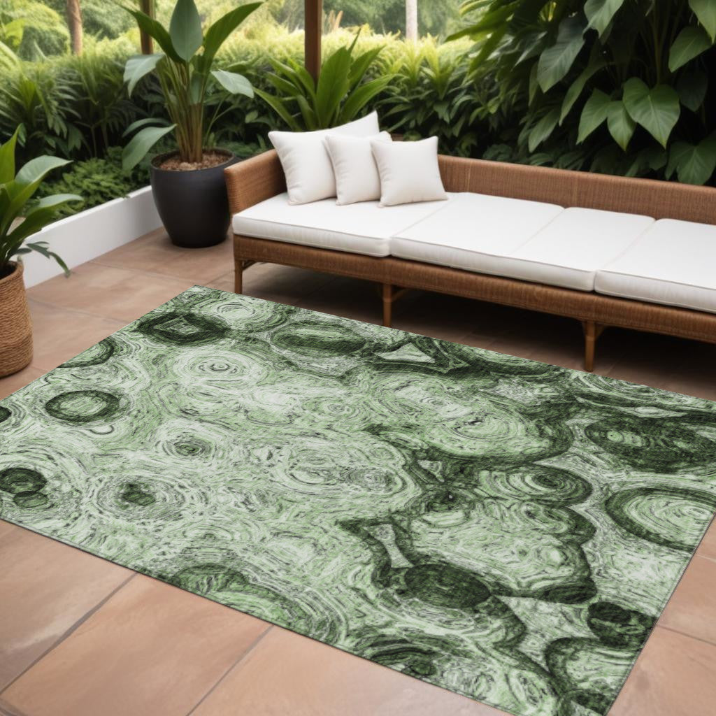 10 X 14 Artichoke Green And Emerald Abstract Washable Indoor Outdoor Area Rug
