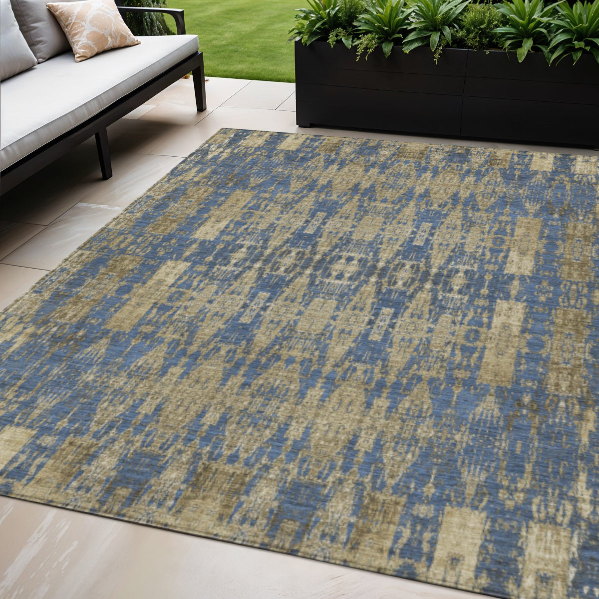 5 X 8 Blue Taupe And Beige Moroccan Washable Indoor Outdoor Area Rug