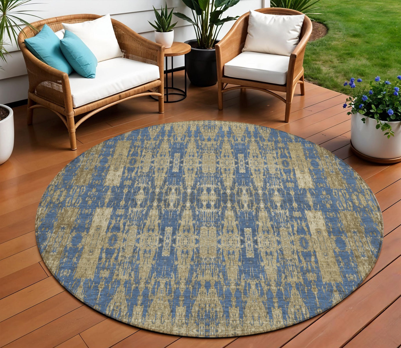 8 Blue Taupe And Beige Round Moroccan Washable Indoor Outdoor Area Rug