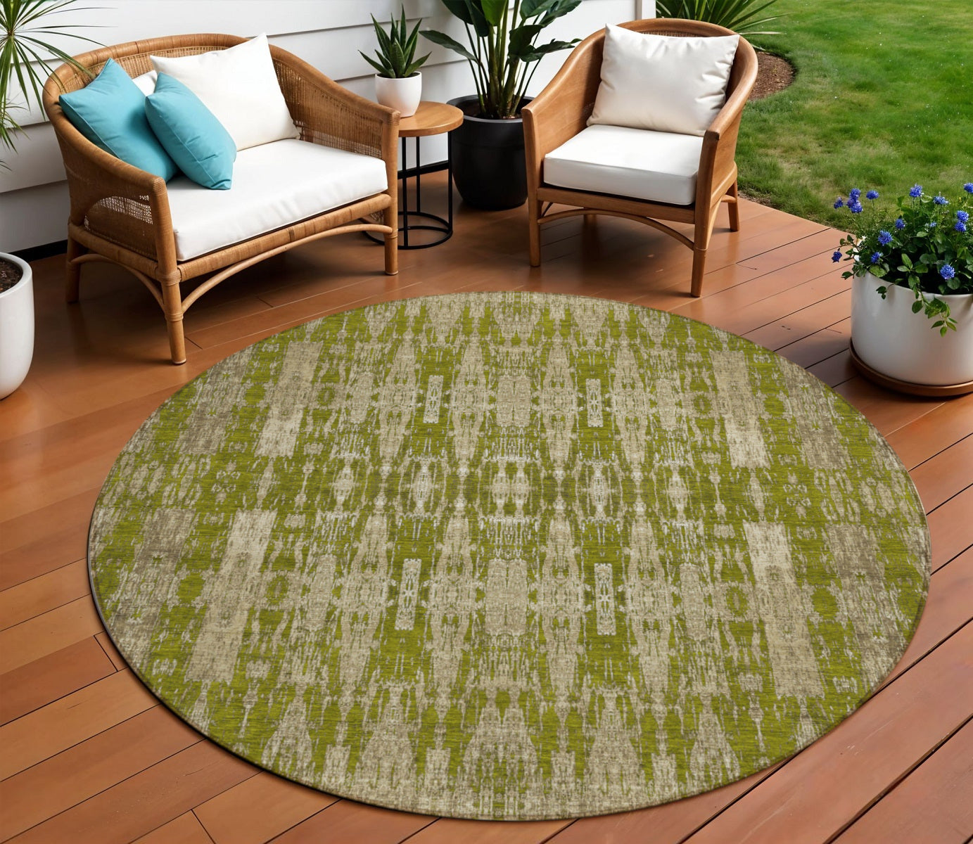 8 Olive Green Taupe And Beige Round Moroccan Washable Indoor Outdoor Area Rug