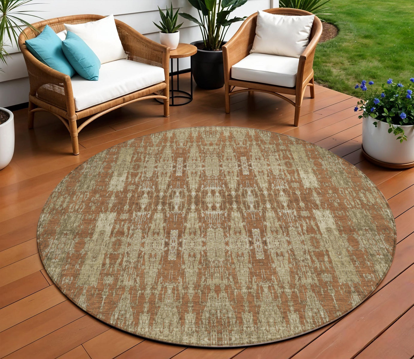 8 Orange Taupe And Beige Round Moroccan Washable Indoor Outdoor Area Rug