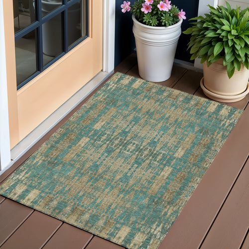 3 X 5 Teal Blue Taupe And Beige Moroccan Washable Indoor Outdoor Area Rug