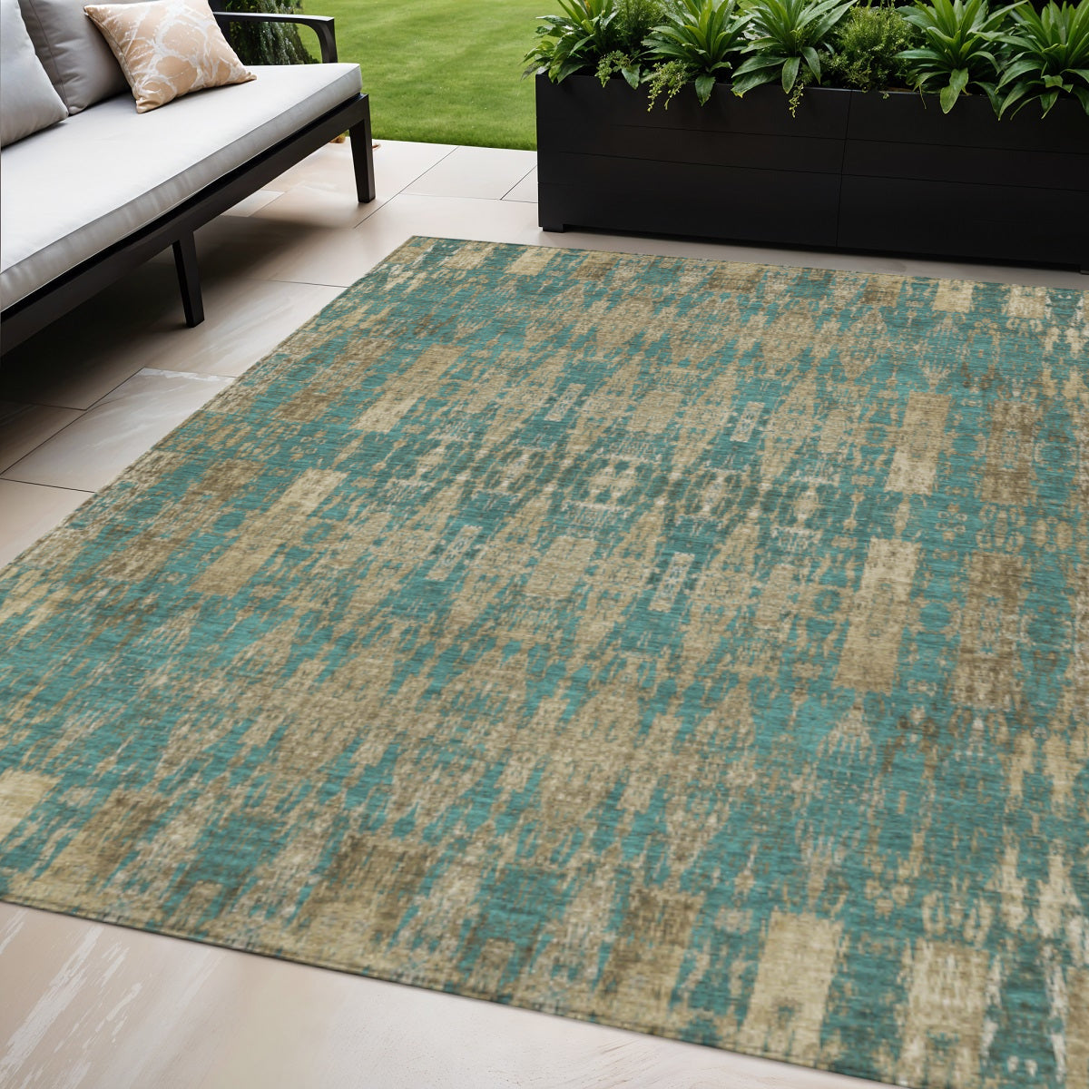 5 X 8 Teal Blue Taupe And Beige Moroccan Washable Indoor Outdoor Area Rug