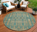 8 Teal Blue Taupe And Beige Round Moroccan Washable Indoor Outdoor Area Rug