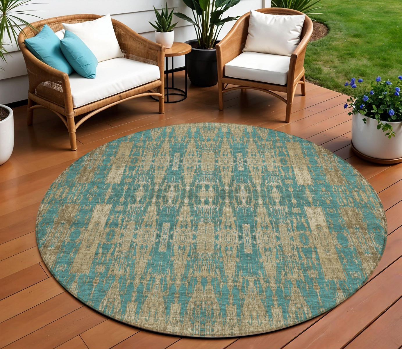 8 Teal Blue Taupe And Beige Round Moroccan Washable Indoor Outdoor Area Rug