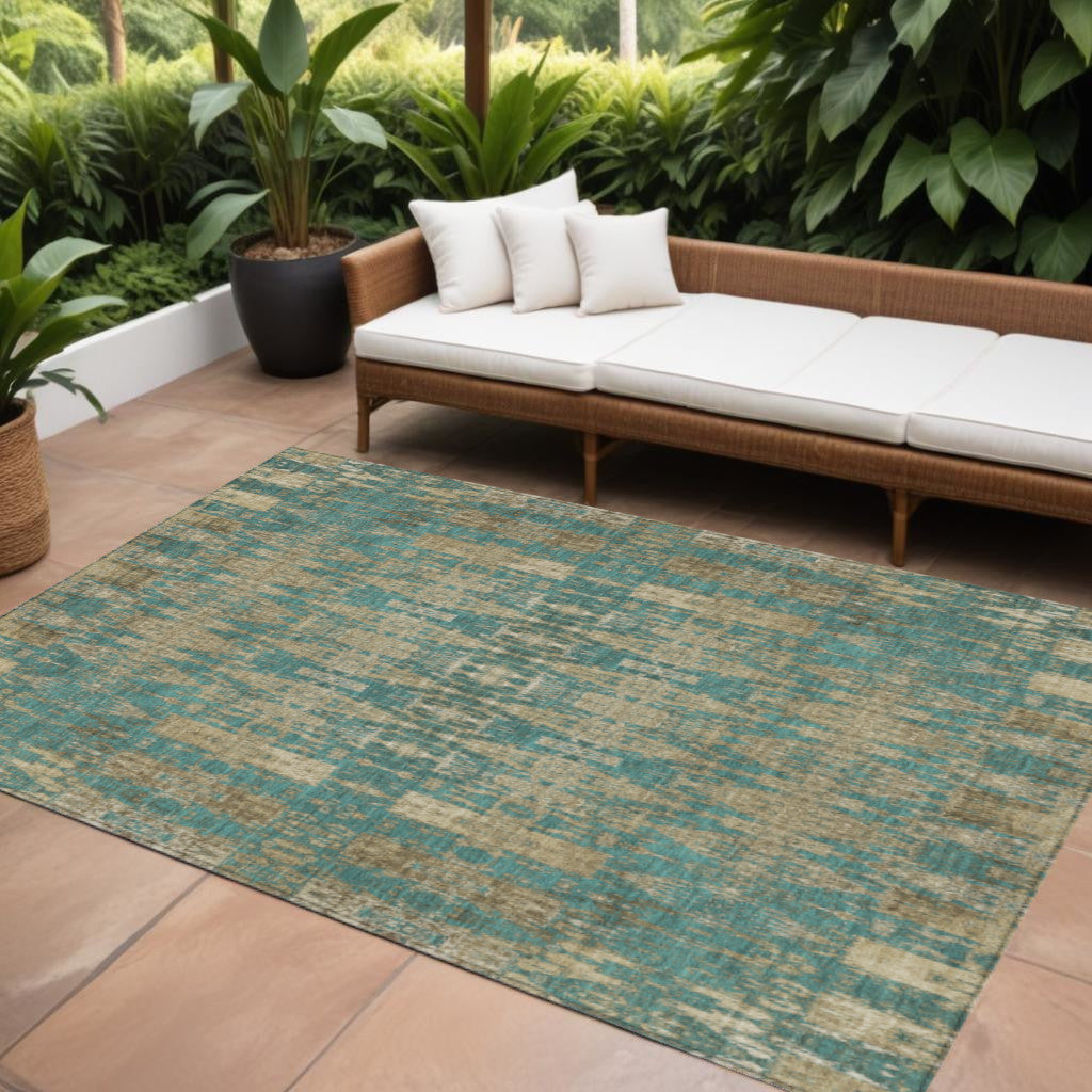 10 X 14 Teal Blue Taupe And Beige Moroccan Washable Indoor Outdoor Area Rug