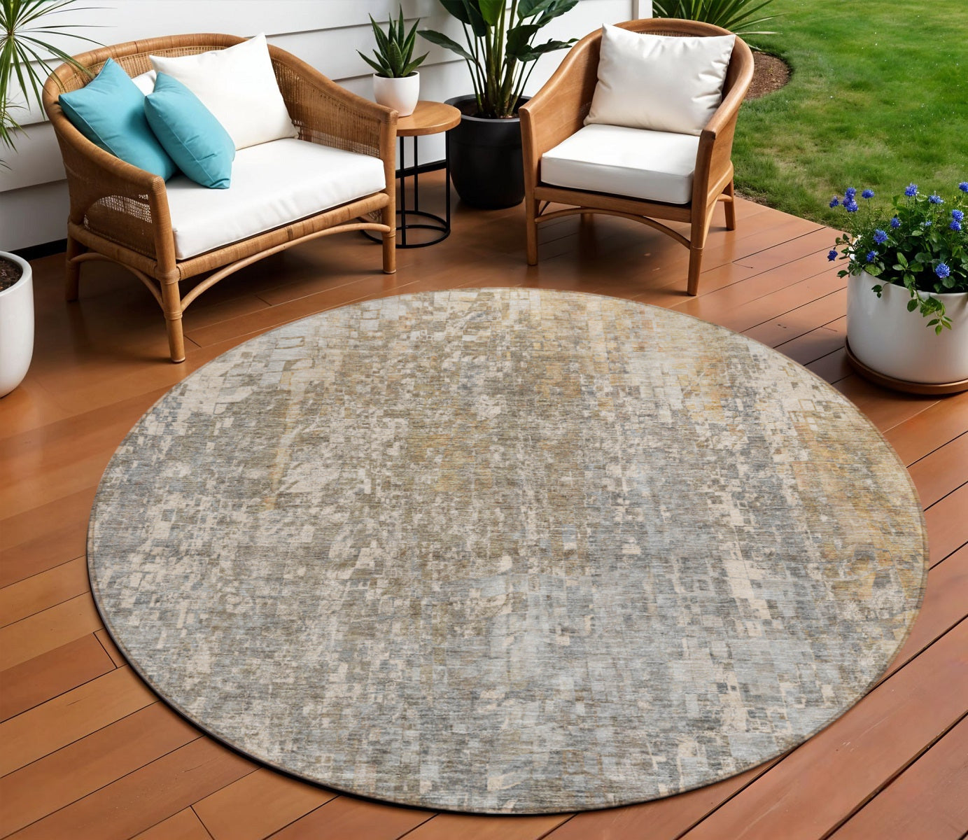 8 Beige Gray And Taupe Round Abstract Washable Indoor Outdoor Area Rug