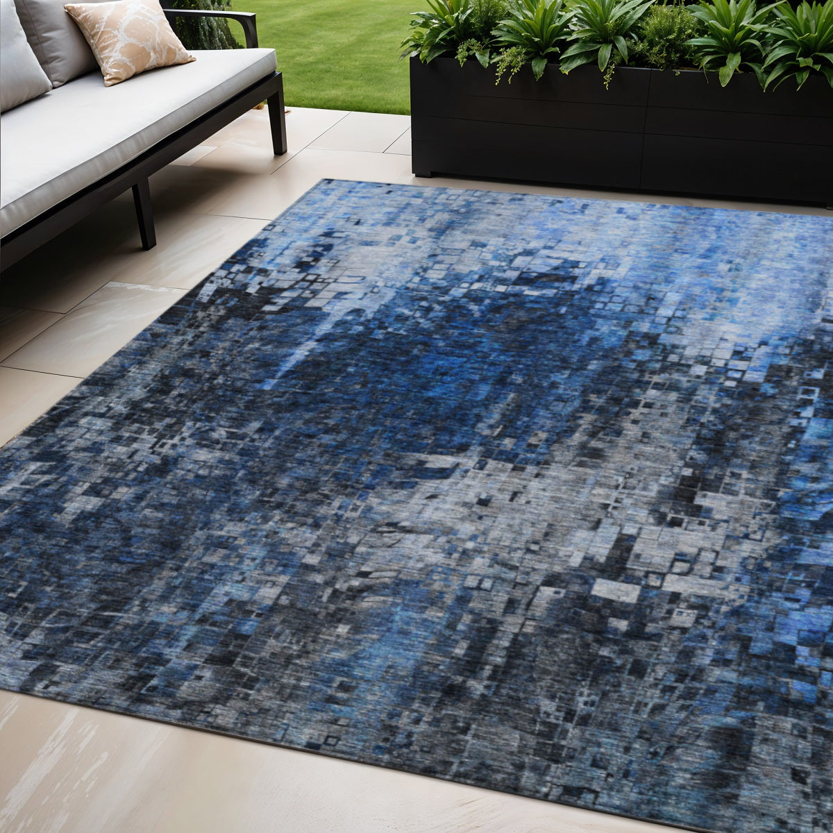 5 X 8 Navy Blue And Denim Blue Abstract Washable Indoor Outdoor Area Rug