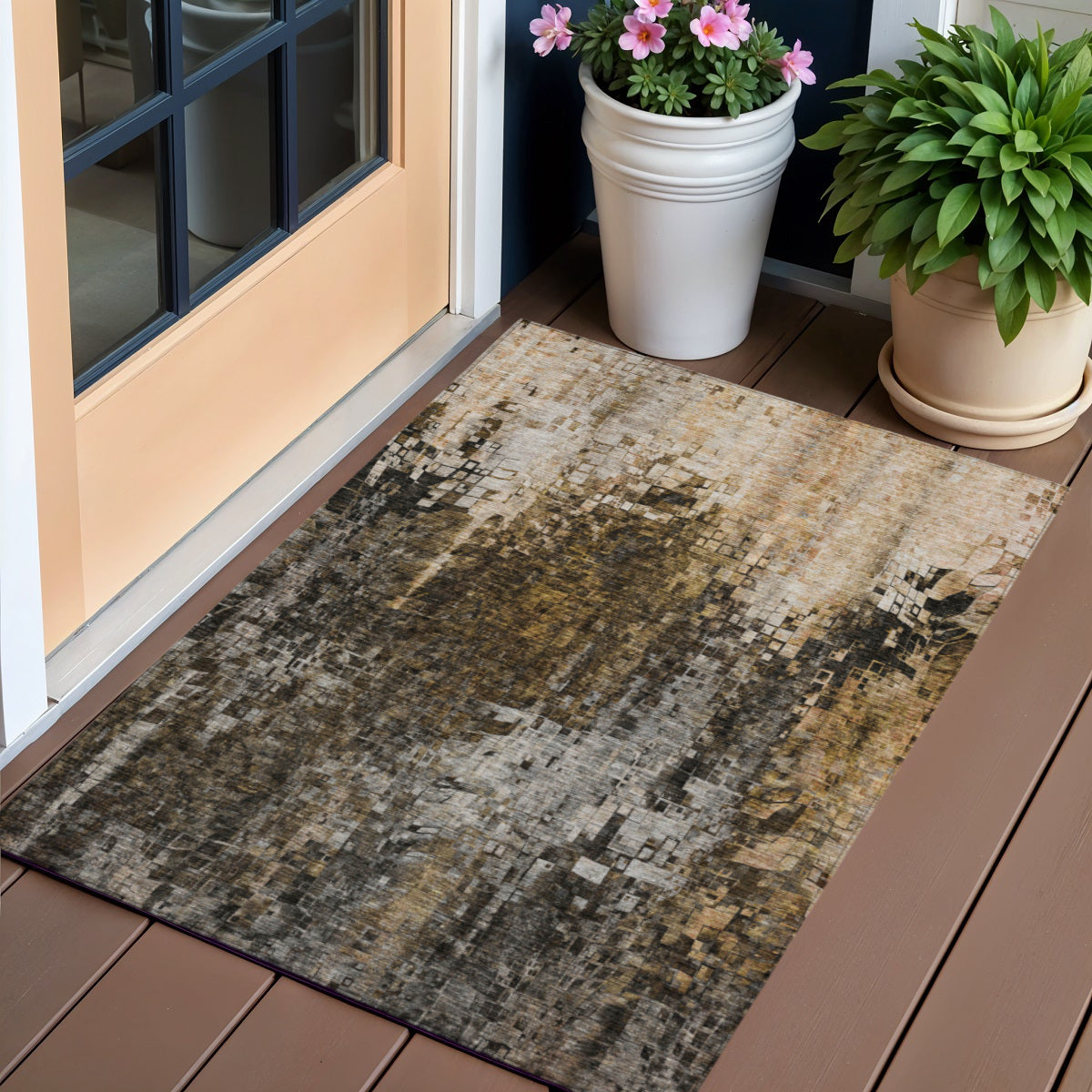 3 X 5 Brown And Copper Abstract Washable Indoor Outdoor Area Rug
