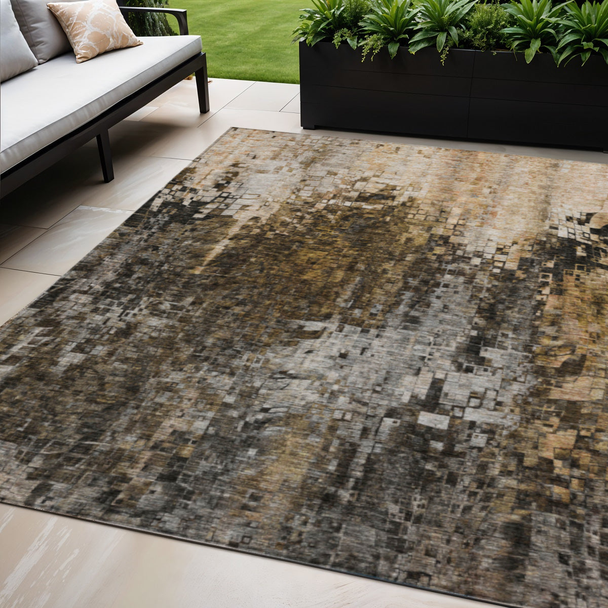 5 X 8 Brown And Copper Abstract Washable Indoor Outdoor Area Rug