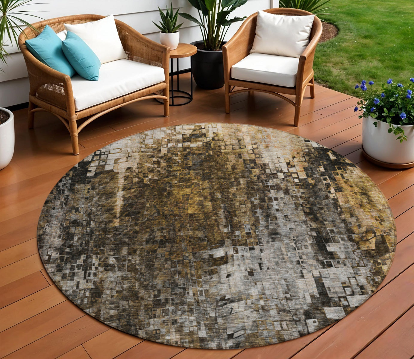 8 Brown And Copper Round Abstract Washable Indoor Outdoor Area Rug