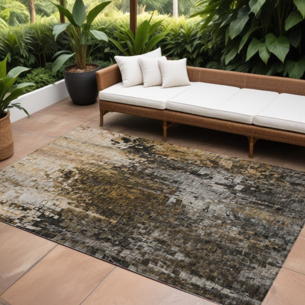 9 X 12 Brown And Copper Abstract Washable Indoor Outdoor Area Rug