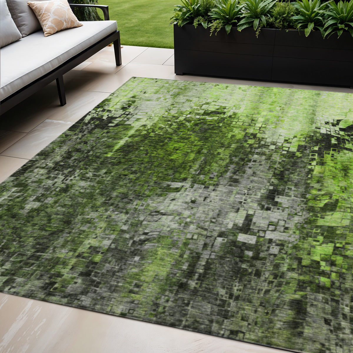 5 X 8 Green And Lime Green Abstract Washable Indoor Outdoor Area Rug
