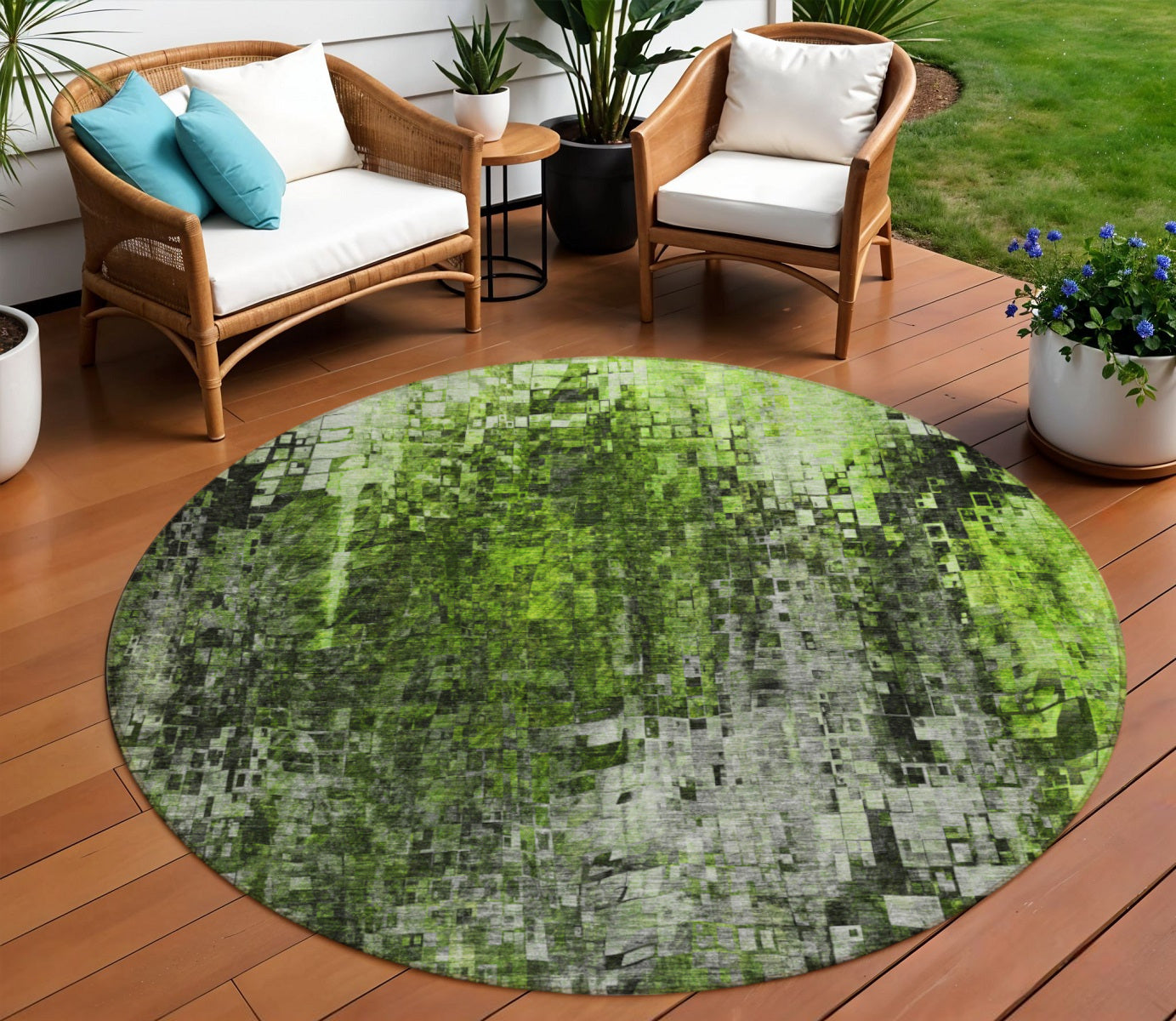 8 Green And Lime Green Round Abstract Washable Indoor Outdoor Area Rug