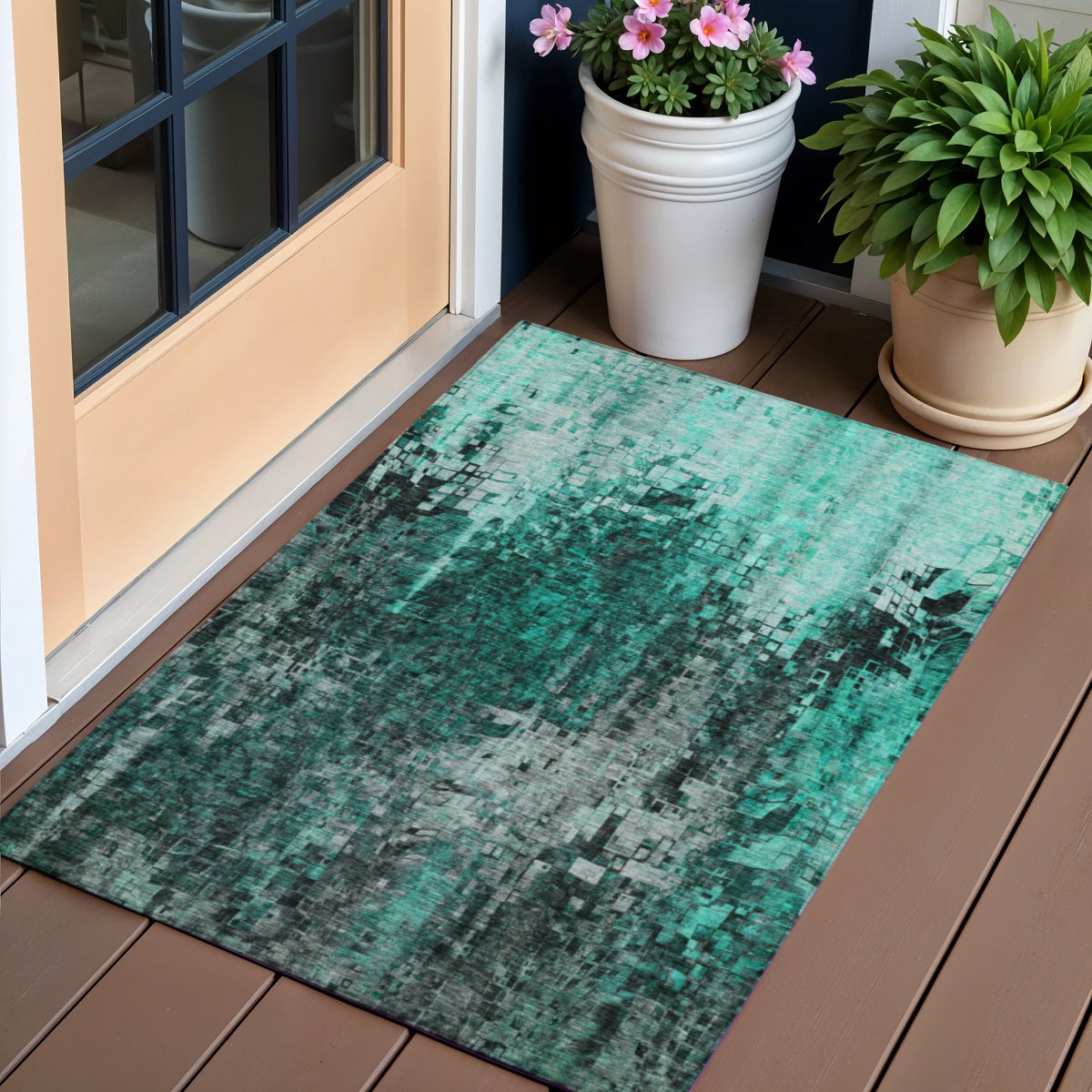 3 X 5 Teal Blue Aqua And Gray Abstract Washable Indoor Outdoor Area Rug