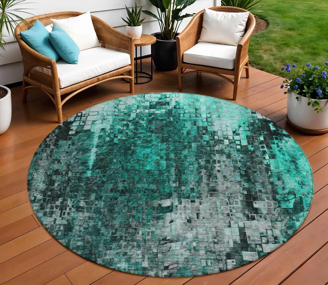 8 Teal Blue Aqua And Gray Round Abstract Washable Indoor Outdoor Area Rug