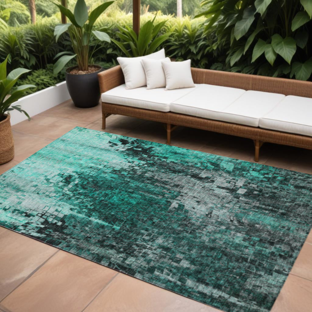 10 X 14 Teal Blue Aqua And Gray Abstract Washable Indoor Outdoor Area Rug