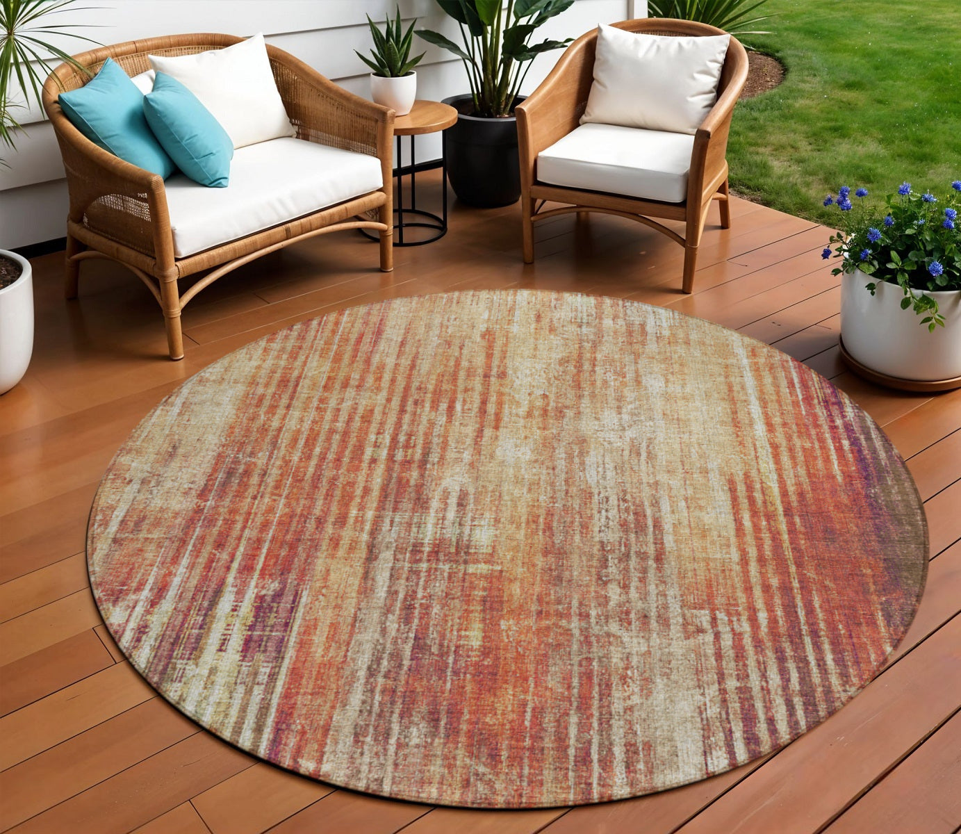 8 Orange Beige And Taupe Round Striped Washable Indoor Outdoor Area Rug